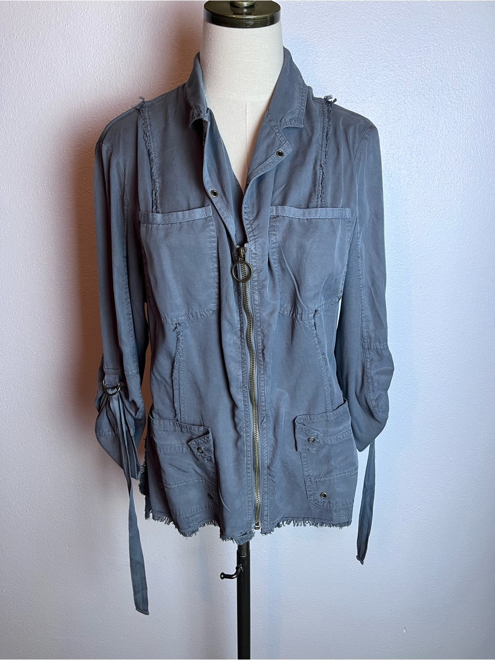 XCVI Washed Slate Blue Utility Jacket with Front Zip and Pleats on the Back